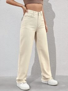 SHEIN EZwear 拉鏈門襟毛邊男友牛仔褲 - 米色 - 查看 4