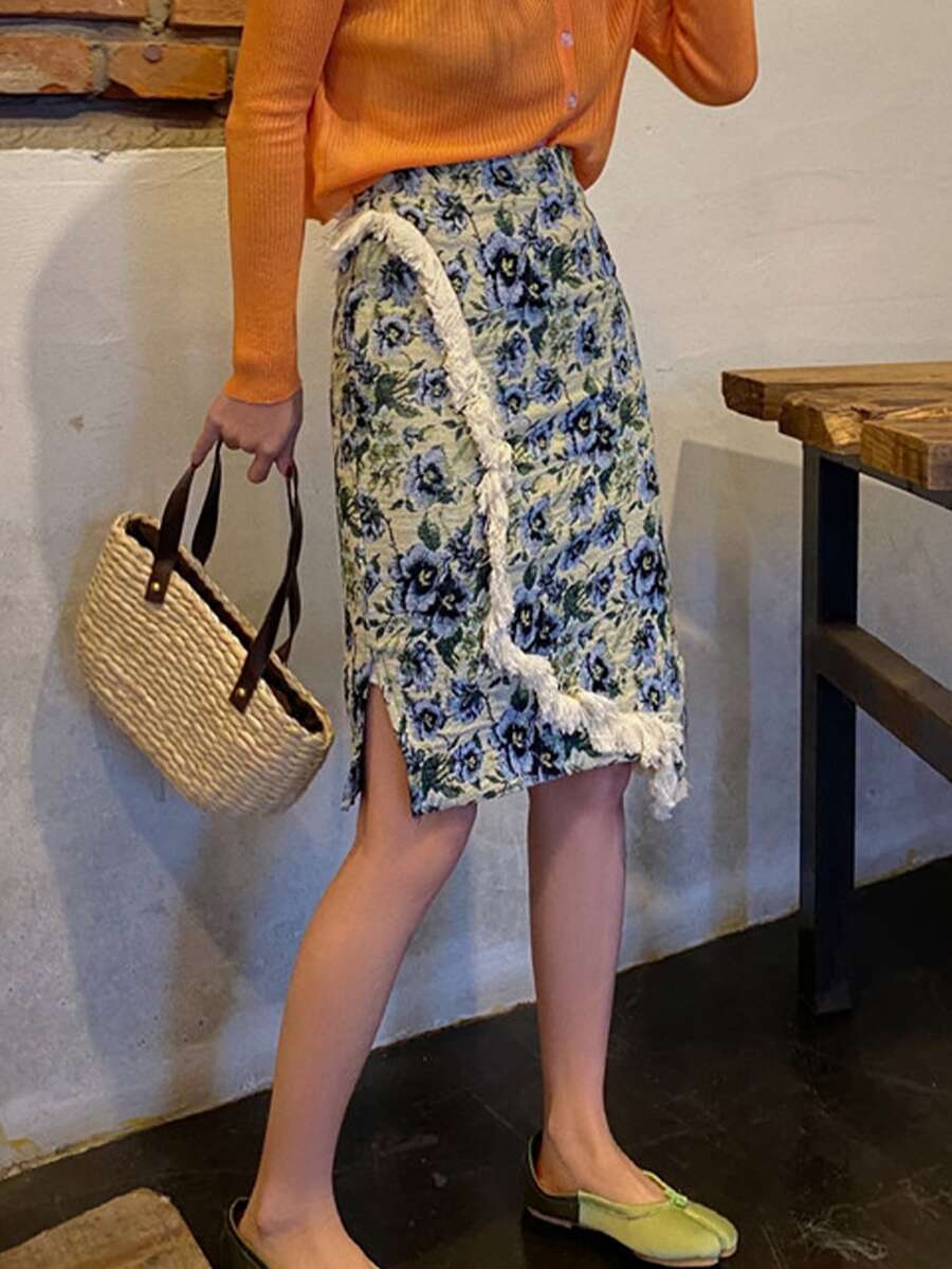 滿身花卉流蘇邊不對稱半身裙 - 彩色 - 查看 1