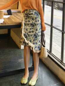 滿身花卉流蘇邊不對稱半身裙 - 彩色 - 查看 3