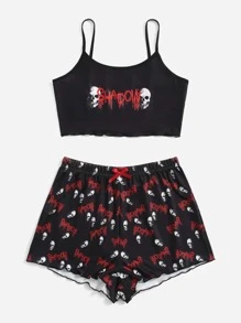 ROMWE Grunge Punk estampado de cráneo Shorts Conjunto de pijama - Negro - Ver 4