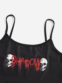 ROMWE Grunge Punk estampado de cráneo Shorts Conjunto de pijama - Negro - Ver 5