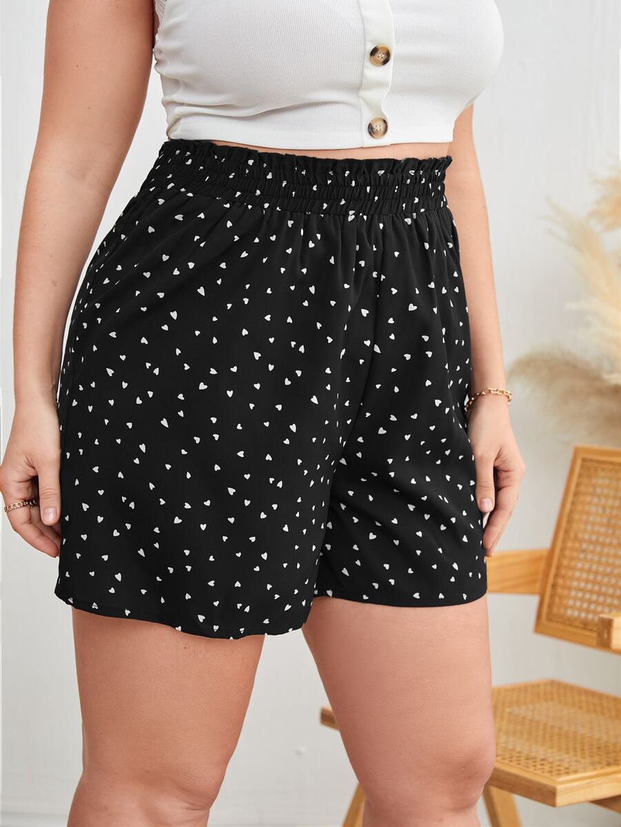 Sunnyshic Plus Confetti Heart Print Shirred Shorts - Black - View 1