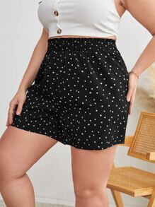 Sunnyshic Plus Confetti Heart Print Shirred Shorts - Black - View 4