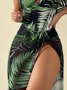 Tropical Print Halter One Piece Swimsuit With Beach Skirt - Multicolor - View 3