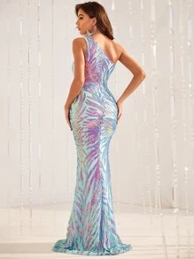 YISIKADO One Shoulder Holographic Sequin Evening Gown, Elegant Formal Dress, For Wedding Guest, Graduation, Dinner, Party Dress, Halloween - Multicolor - View 2