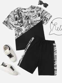 SHEIN Conjunto camiseta con estampado de arte pop de color combinado con shorts track - Blanco y Negro - Ver 1