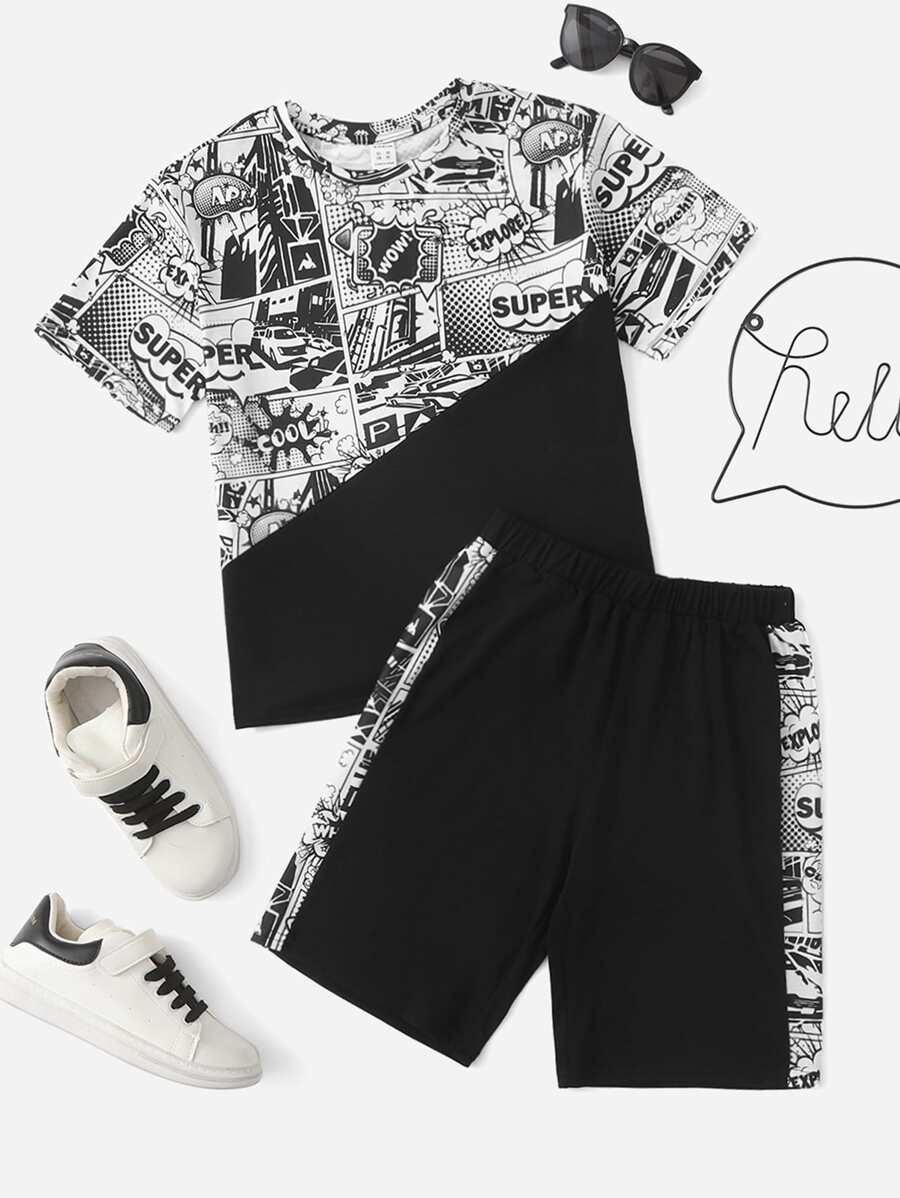 SHEIN Conjunto camiseta con estampado de arte pop de color combinado con shorts track - Blanco y Negro - Ver 1