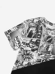 SHEIN Conjunto camiseta con estampado de arte pop de color combinado con shorts track - Blanco y Negro - Ver 3