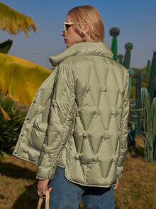 ZIAI Áo khoác nữ mùa đông Túi Nút phía trước màu trơn Giải trí - Màu xanh Bạc hà - Xem 2