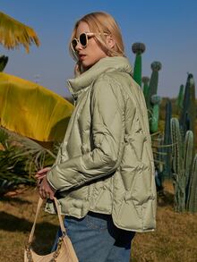 ZIAI Áo khoác nữ mùa đông Túi Nút phía trước màu trơn Giải trí - Màu xanh Bạc hà - Xem 5