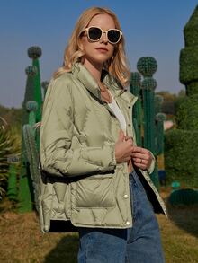 ZIAI Áo khoác nữ mùa đông Túi Nút phía trước màu trơn Giải trí - Màu xanh Bạc hà - Xem 4