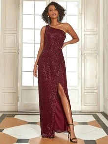 EVERPRETTY One Shoulder Wrap Front Sequin Dress - Burgundy - View 4