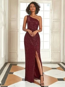 EVERPRETTY One Shoulder Wrap Front Sequin Dress - Burgundy - View 1
