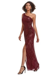 EVERPRETTY One Shoulder Wrap Front Sequin Dress - Burgundy - View 5