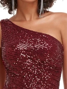 EVERPRETTY One Shoulder Wrap Front Sequin Dress - Burgundy - View 8