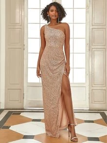 EVERPRETTY Vestido de un hombro cruzado delantero con lentejuelas - Champán - Ver 3