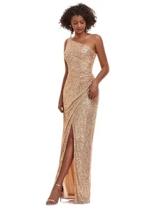 EVERPRETTY Vestido de un hombro cruzado delantero con lentejuelas - Champán - Ver 6