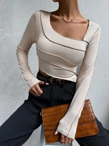 SHEIN Unity 針腳鎖邊不對稱領T恤 - 杏色 - 查看 1