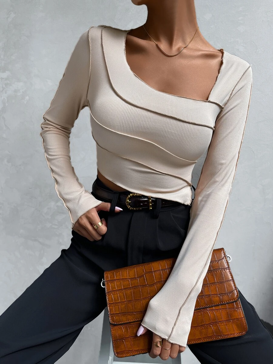 SHEIN Unity 針腳鎖邊不對稱領T恤 - 杏色 - 查看 1