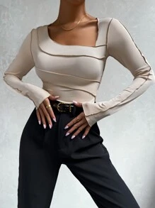 SHEIN Unity 針腳鎖邊不對稱領T恤 - 杏色 - 查看 4