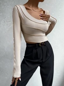 SHEIN Unity 針腳鎖邊不對稱領T恤 - 杏色 - 查看 5