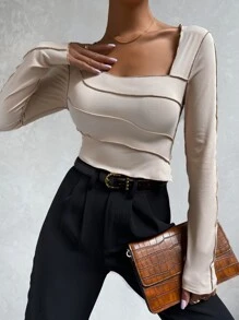 SHEIN Unity 針腳鎖邊不對稱領T恤 - 杏色 - 查看 6