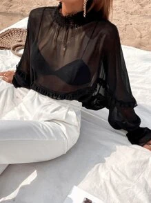 GENKIRA Shirred Neck Batwing Sleeve Sheer Blouse Without Bra - Black - View 1