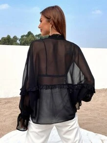 GENKIRA Shirred Neck Batwing Sleeve Sheer Blouse Without Bra - Black - View 2