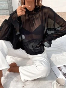 GENKIRA Shirred Neck Batwing Sleeve Sheer Blouse Without Bra - Black - View 3