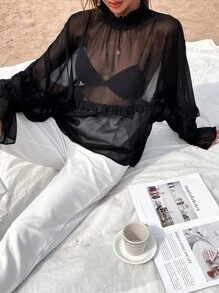 GENKIRA Shirred Neck Batwing Sleeve Sheer Blouse Without Bra - Black - View 4