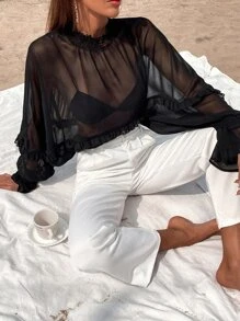 GENKIRA Shirred Neck Batwing Sleeve Sheer Blouse Without Bra - Black - View 6