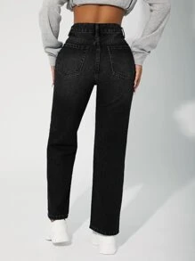 SHEIN PETITE 高腰直筒牛仔褲 - 黑色 - 查看 2