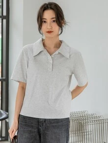 DAZY Camiseta de cuello polo bajo con abertura - Gris Claro - Ver 4