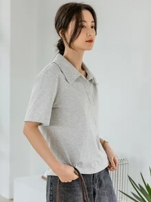 DAZY Camiseta de cuello polo bajo con abertura - Gris Claro - Ver 5