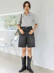 DAZY Camiseta de cuello polo bajo con abertura - Gris Claro - Ver 7