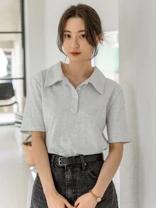 DAZY Camiseta de cuello polo bajo con abertura - Gris Claro - Ver 9