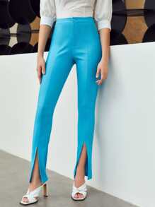 SHEIN Zipper Fly Seam Front Split Hem Trousers - Blue - View 1