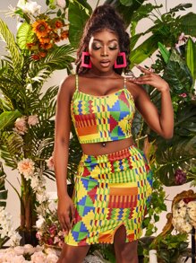 SHEIN SXY 幾何色塊拼接圖案吊帶短上衣和開叉裙子套裝 - 彩色 - 查看 1