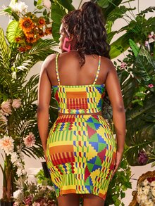 SHEIN SXY 幾何色塊拼接圖案吊帶短上衣和開叉裙子套裝 - 彩色 - 查看 2