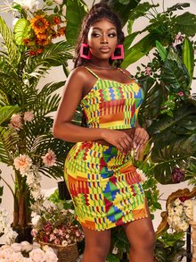 SHEIN SXY 幾何色塊拼接圖案吊帶短上衣和開叉裙子套裝 - 彩色 - 查看 4