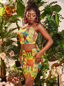 SHEIN SXY 幾何色塊拼接圖案吊帶短上衣和開叉裙子套裝 - 彩色 - 查看 5