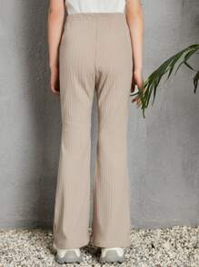 SHEIN Tween Girl Elastic Waist Rib-Knit Flare Leg Pants - Khaki - View 2