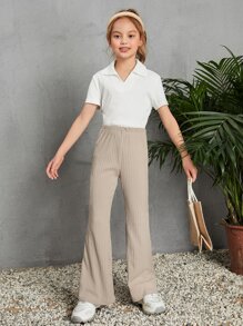 SHEIN Tween Girl Elastic Waist Rib-Knit Flare Leg Pants - Khaki - View 4