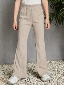 SHEIN Tween Girl Elastic Waist Rib-Knit Flare Leg Pants - Khaki - View 5