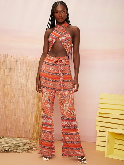 SHEINNeu Paisley & Floral Print Tied Backless Cut-out Belted Flare Leg Jumpsuit