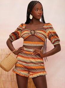 SHEINNeu Bộ đồ hai mảnh nữ Cắt ra Nhẫn In chữ V Boho - Nhiều màu - Xem 3