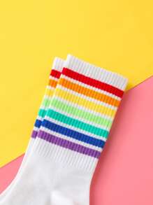 Rainbow Striped Crew Socks - White - View 3