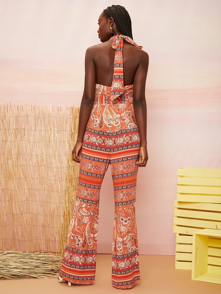 Paisley & Floral Print Tied Backless Cut-out Belted Flare Leg Jumpsuit