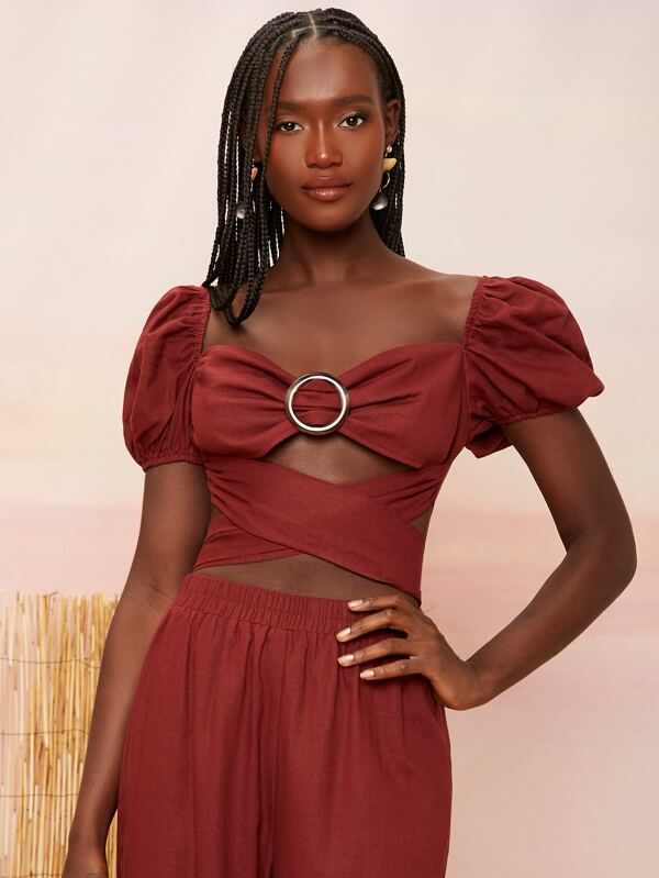 SHEINNeu O-ring Ruched Crisscross Crop Top