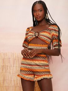 SHEINNeu Bộ đồ hai mảnh nữ Cắt ra Nhẫn In chữ V Boho - Nhiều màu - Xem 5